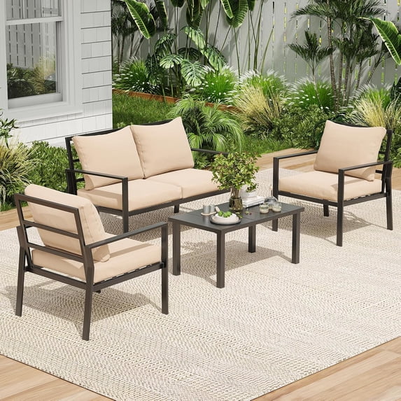 Farini Outdoor conversation sets, 4 Pieces Metal Patio Furniture Set with 2 Single Sofas, Loveseat & Coffee Table, for Garden, Backyard, Balcony (Beige)