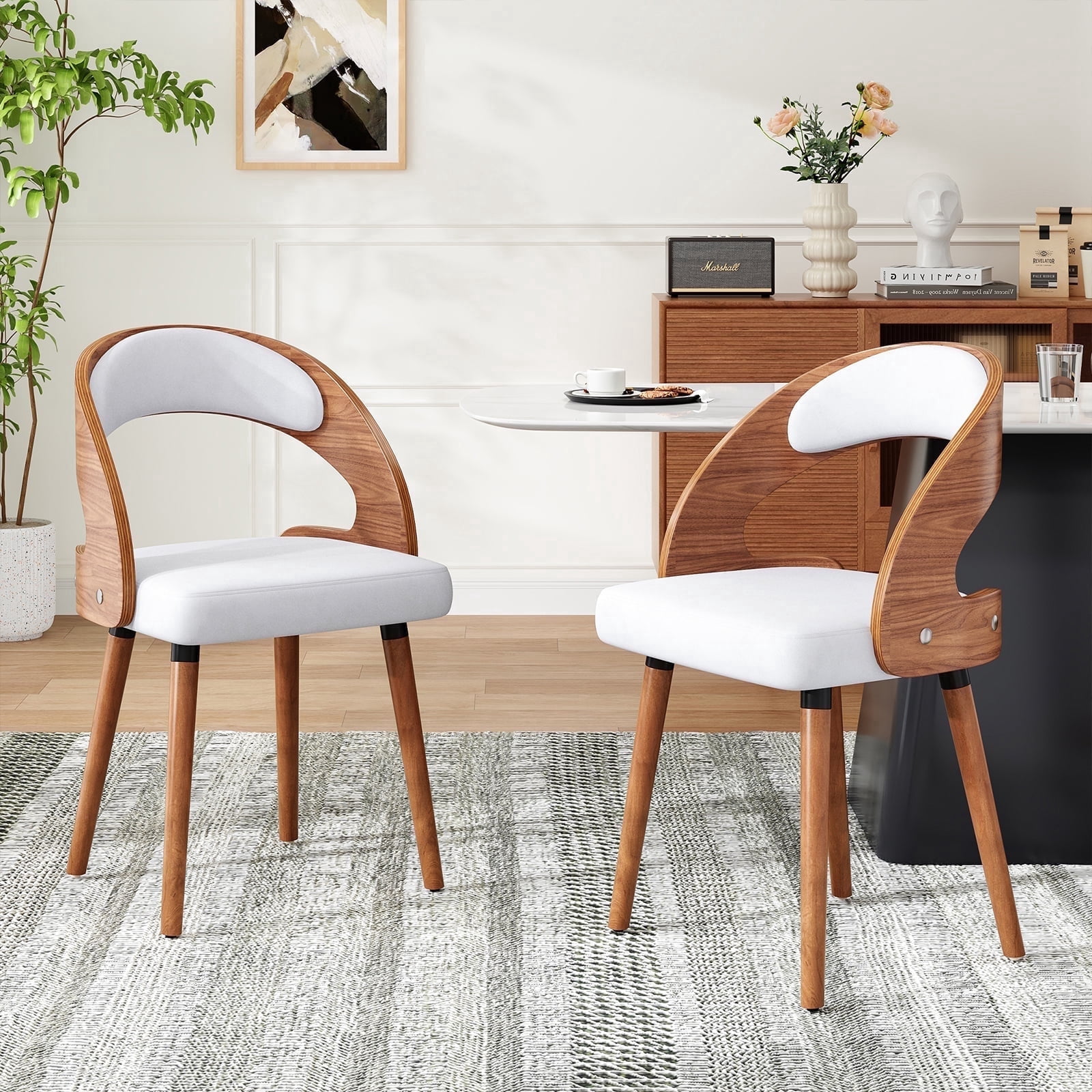 Farini Set of 2 Wood Dining Chairs with Curved Backrest for Kitchen Dining Room, Beige
