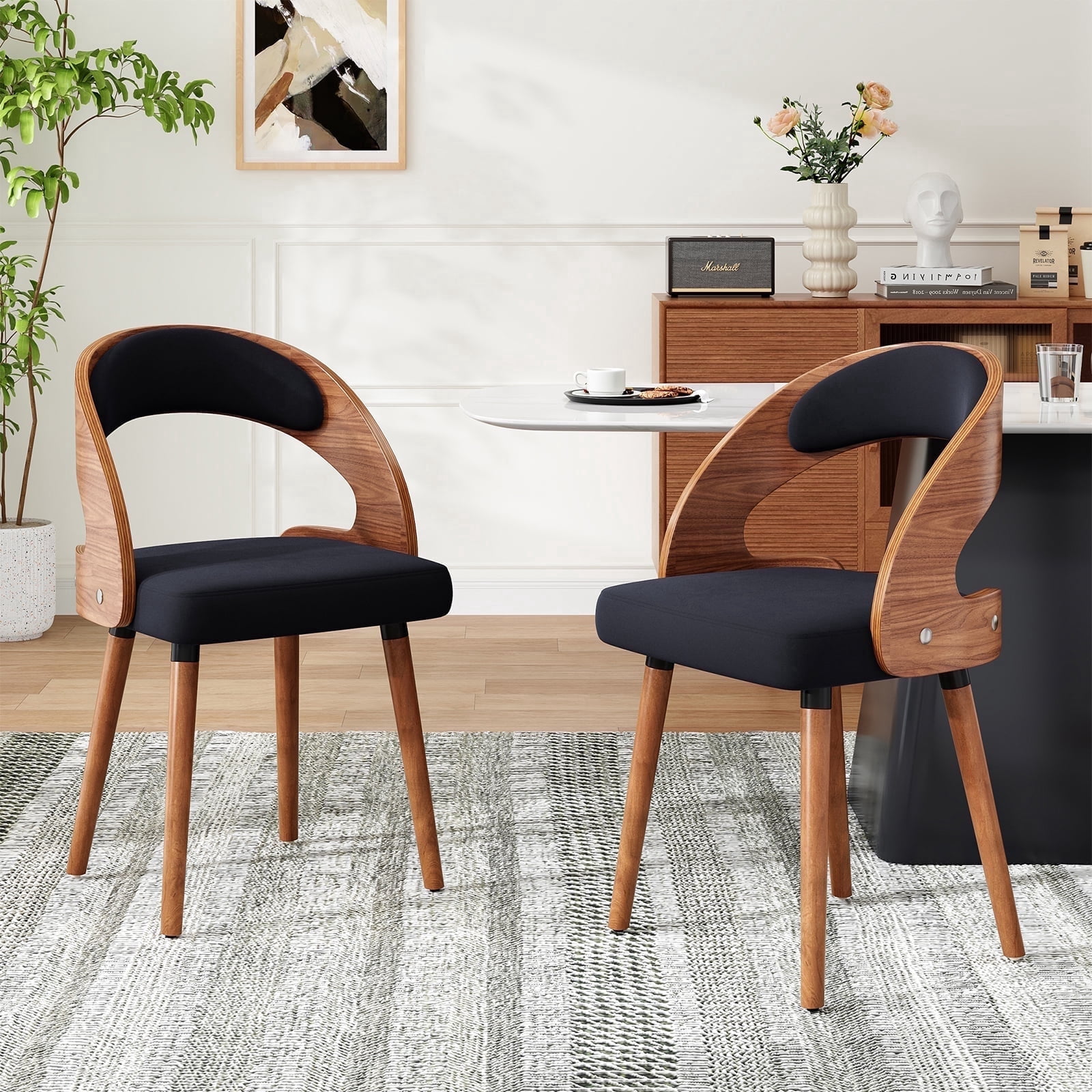 Farini Set of 2 Wood Dining Chairs with Curved Backrest for Kitchen Dining Room, Black