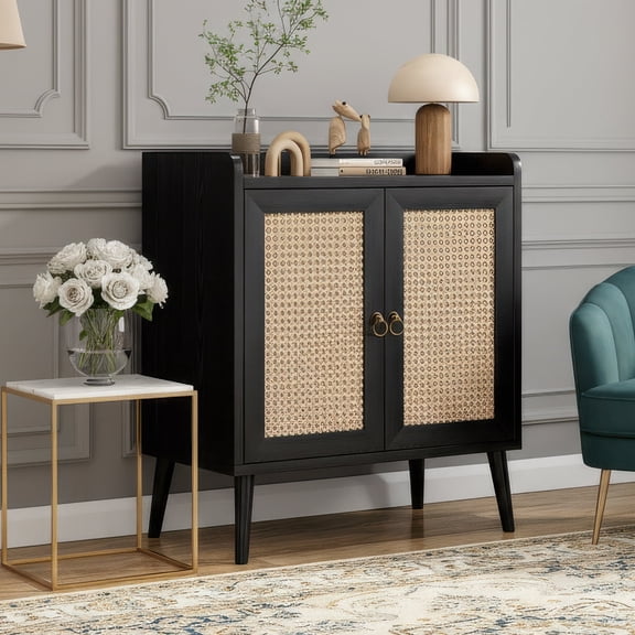 Farini Sideboard Buffet Cabinet Bar Cabinets with Rattan Decorated Doors(Black)