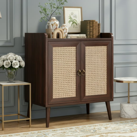 Farini Sideboard Buffet Cabinet Bar Cabinets with Rattan Decorated Doors(Walnut)