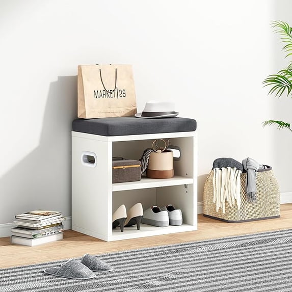 Farini Small Shoe Bench with Cushion, Shoe Storage Bench with Seating, Seat Shoe Rack for Entryway, White-Dark Gray