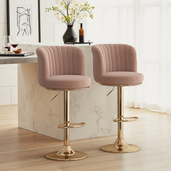 Farini Swivel Bar Stools Set of 2, Upholstered Adjustable BarStools with Backrest & Metal Base, Counter Height Island Chairs for Kitchen, Dining Room, Khaki