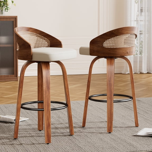 Farini Swivel Bar Stools Set of 2, Upholstered PU Leather Stools with Rattan Back & Footrest, 26" Counter Height for Kitchen Island, Bar, or Dining Room, Beige