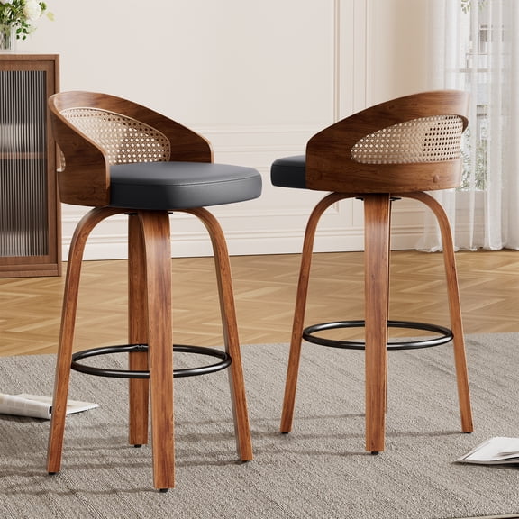 Farini Swivel Bar Stools Set of 2, Upholstered PU Leather Stools with Rattan Back & Footrest, 26" Counter Height for Kitchen Island, Bar, or Dining Room, Black