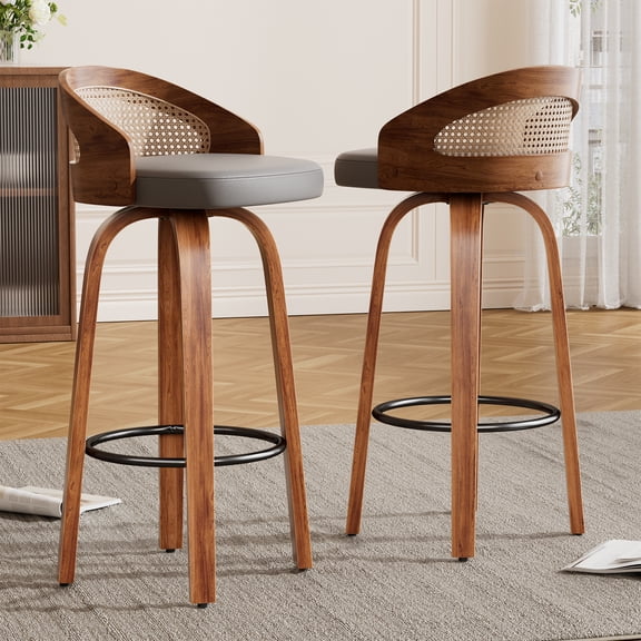 Farini Swivel Bar Stools Set of 2, Upholstered PU Leather Stools with Rattan Back & Footrest, 30" Counter Height for Kitchen Island, Bar, or Dining Room, Gray