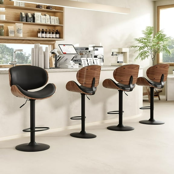 Farini Swivel Counter Height Bar Stools Set of 4, Adjustable Faux Leather Upholstered Barstools with Bent Wood Back for Bar, Kitchen Island, Dining Room, Black