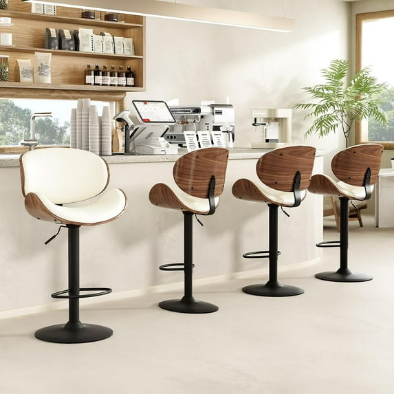 Farini Swivel Counter Height Bar Stools Set of 4, Adjustable Faux Leather Upholstered Barstools with Bent Wood Back for Bar, Kitchen Island, Dining Room, White