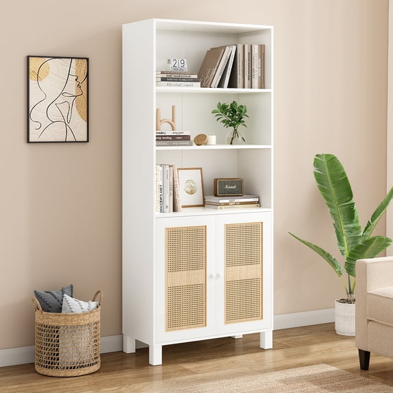 Farini Tall 5 Tier Bookcase, Storage Shelf with Rattan Doors for Living Room, Office, Library, White