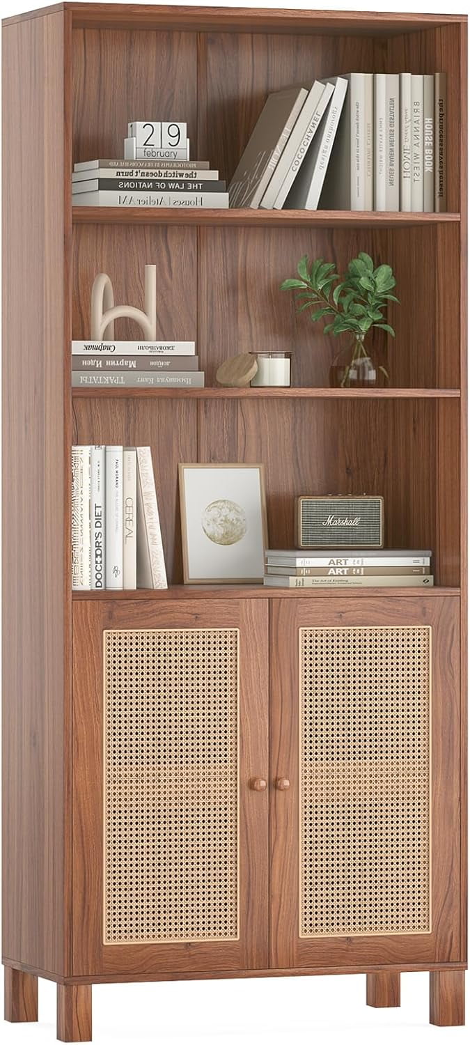 Farini Tall Bookcase with Rattan Doors,5 Tier Storage Wood Shelves ...