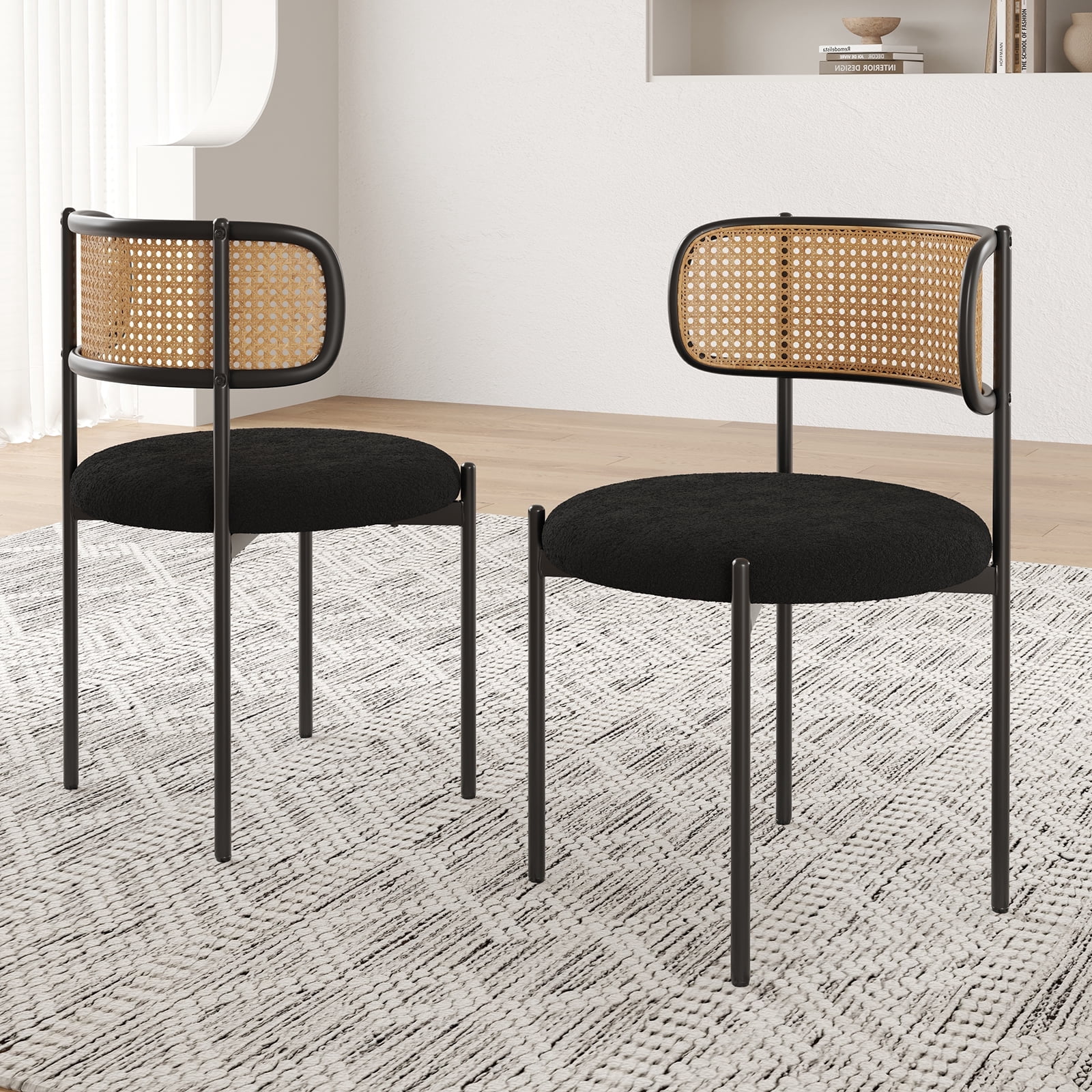Farini Upholstered Dining Chair Set of 2, Rattan Backrest Kitchen Chair, Black