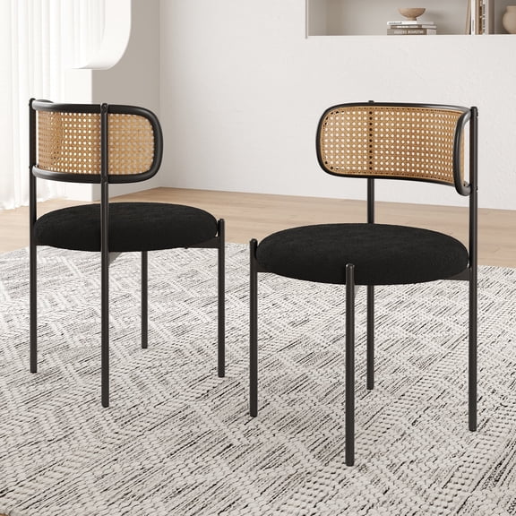 Farini Upholstered Dining Chair Set of 2, Rattan Backrest Kitchen Chair, Black
