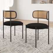 Farini Upholstered Dining Chair Set of 2, Rattan Backrest Kitchen Chair, Black