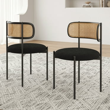 Farini Upholstered Dining Chair Set of 2, Rattan Backrest Kitchen Chair, Black