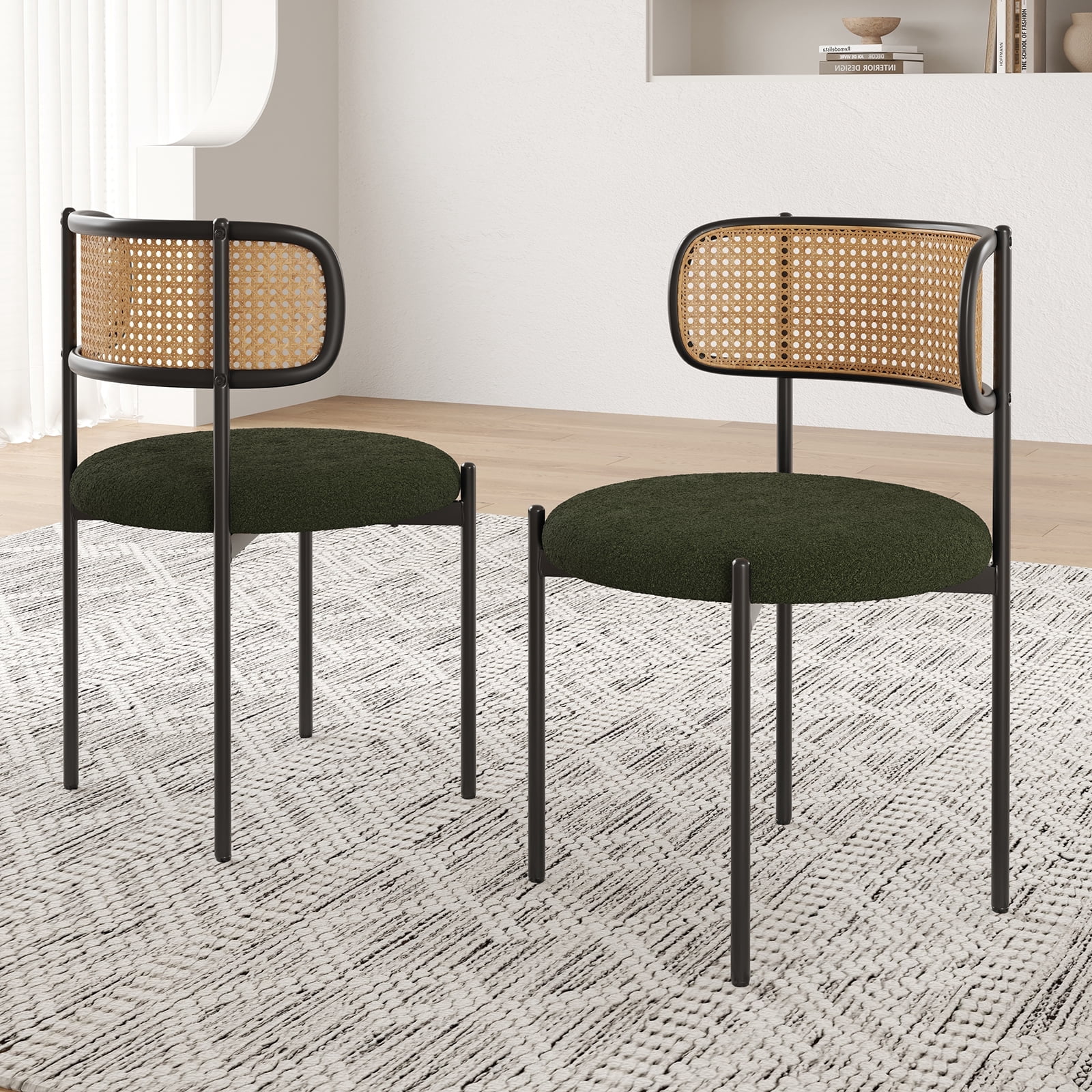 Farini Upholstered Dining Chair Set of 2, Rattan Backrest Kitchen Chair, Green