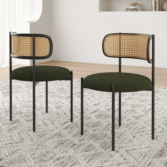 Farini Upholstered Dining Chair Set of 2, Rattan Backrest Kitchen Chair, Green