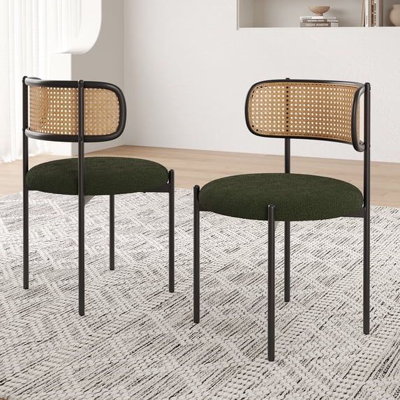 Farini Upholstered Dining Chair Set of 2, Rattan Backrest Kitchen Chair, Green