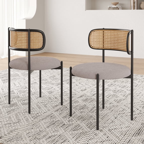 Farini Upholstered Dining Chair Set of 2, Rattan Backrest Kitchen Chair, Light Grey