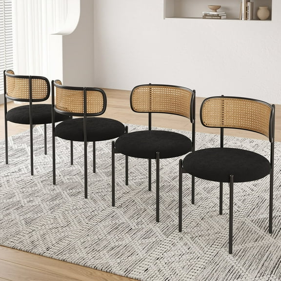Farini Upholstered Dining Chair Set of 4, Rattan Backrest Kitchen Chair, Black