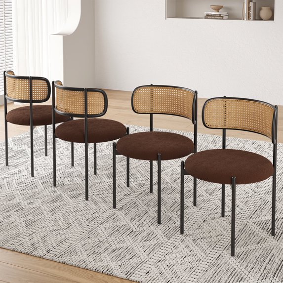 Farini Upholstered Dining Chair Set of 4, Rattan Backrest Kitchen Chair, Coffee