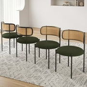 Farini Upholstered Dining Chair Set of 4, Rattan Backrest Kitchen Chair, Green