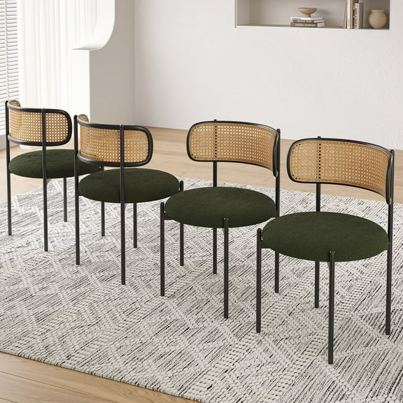 Farini Upholstered Dining Chair Set of 4, Rattan Backrest Kitchen Chair, Green