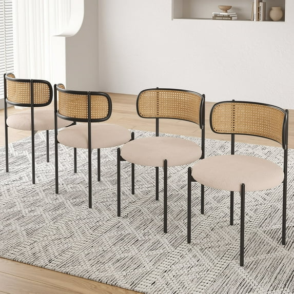 Farini Upholstered Dining Chair Set of 4, Rattan Backrest Kitchen Chair, Light Brown
