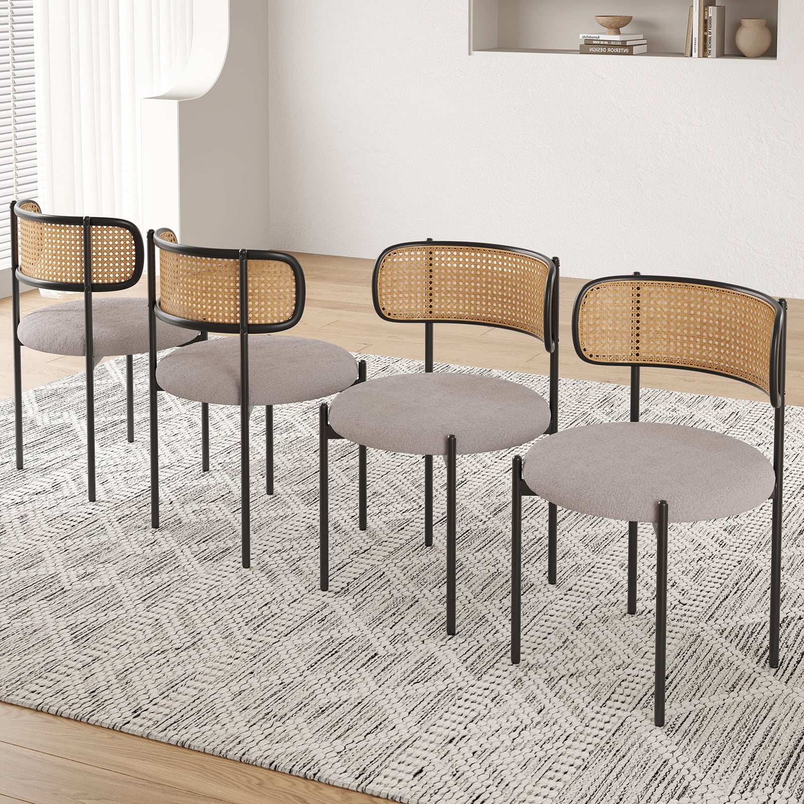 Farini Upholstered Dining Chair Set of 4, Rattan Backrest Kitchen Chair, Light Grey