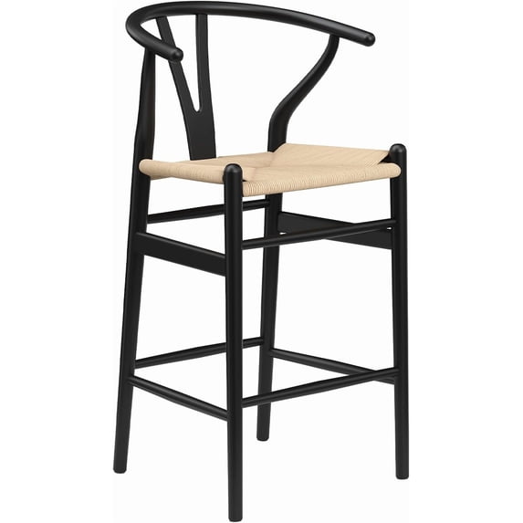 Farini Wishbone Counter Height Barstool, Fully Assembled Weave Bar Chair with Wooden Frame, for Kitchen Island, Dining Room, Bar, Single, Black-Beige