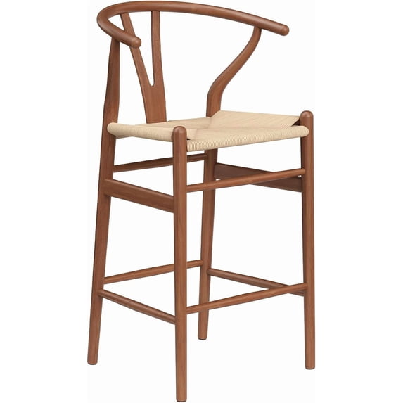 Farini Wishbone Counter Height Barstool, Fully Assembled Weave Bar Chair with Wooden Frame, for Kitchen Island, Dining Room, Bar, Single, Walnut