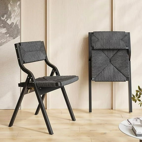 Farini Wood Folding Dining Chairs Set of 2, Foldable Stackable Wooden Chairs with Woven Seat & Webbing Back for Kitchen & Dining Room, Black, Woven Rope