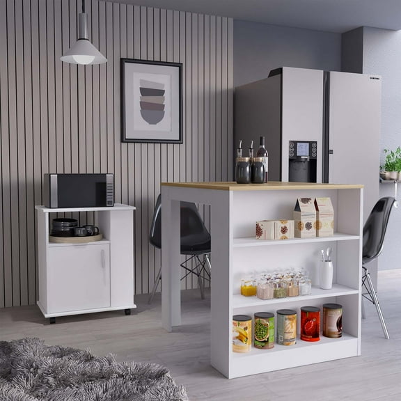 Farley 2 Piece Kitchen Set, Tanna Kitchen Island + Kitchen Service Cart, White / Light Oak