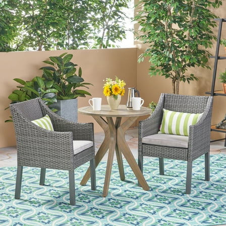 Farlie Outdoor Acacia Wood and Wicker 3 Piece Bistro Set, Gray and Light Gray