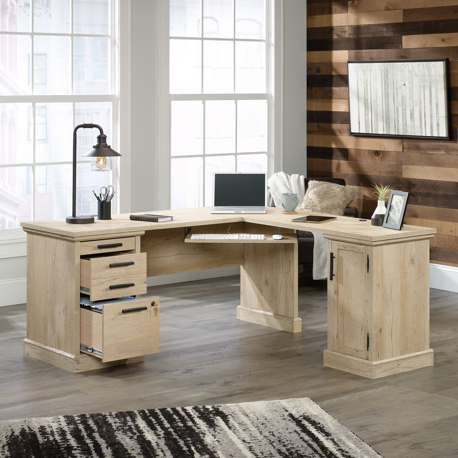 Farlough LShape Executive Desk, Base Color Prime Oak, Level of