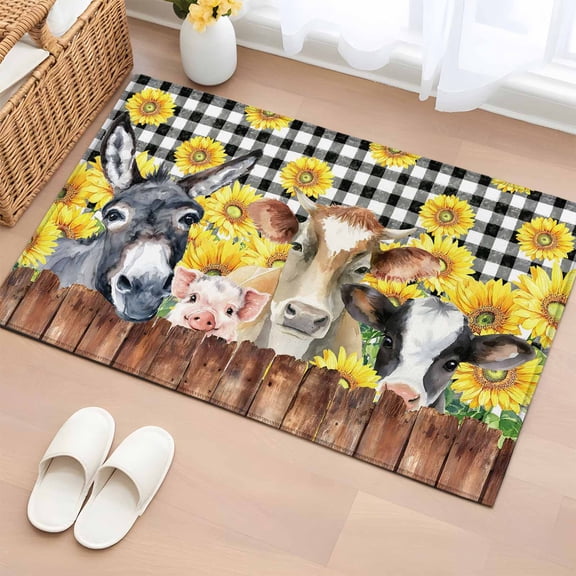 Farm 2'x3' Rug for Entryway Front Door Kitchen Sink Area, Vintage Farmhouse Donkey Pig Cow Sunflower Leaf Wood Fence Black Plaid Low Pile Non Slip Rectangle Area Rug, Machine Washable Indoor Mat
