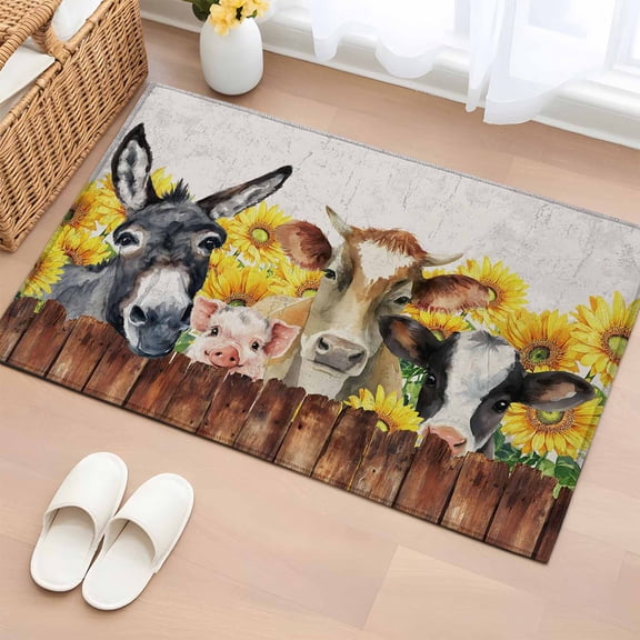 Farm 2'x3' Rug for Entryway Front Door Kitchen Sink Area, Vintage Farmhouse Donkey Pig Cow Sunflower Leaf Wood Fence Low Pile Non Slip Rectangle Area Rug, Machine Washable Indoor Outdoor Mat