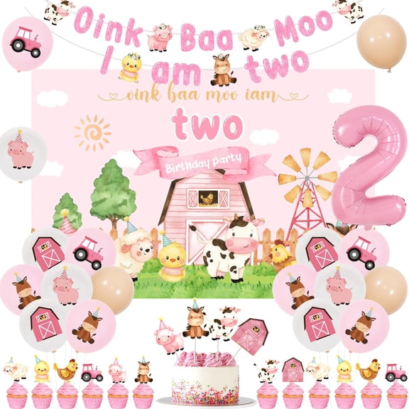 Farm 2nd Birthday Decorations for Girl - Oink Baa Moo Im Two Backdrop, Banner, Farm Animal Cake Topper, Cupcake Toppers, Balloons, Pink Farm Moo Moo I Am Two Barnyard Birthday Party Supplies Y114