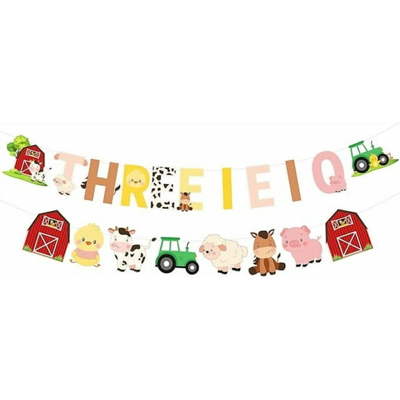 Farm 3rd Birthday Decorations, THREE I E I O Farm Animals Banner for Barnyard Birthday Party Supplies