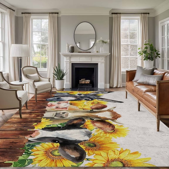 Farm 8'x10' Large Area Rug for Living Room Sectional Sofa, Vintage Farmhouse Donkey Pig Cow Sunflower Leaf Wood Fence Non Slip Low Pile Rectangle Area Rug, Machine Washable Indoor Outdoor Mat