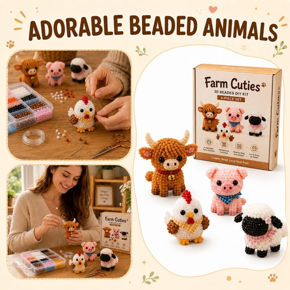 3D Beaded Farm Animals DIY Kit - All-Inclusive Supplies to Craft 4 Cute Farm Figures, Beginner-Friendly 3D Beaded Animal Kit with Guide & Tools