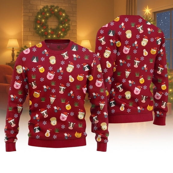 Farm Animal 3D Christmas Sweater, Cute Cow Pig Chicken Holiday Sweatshirt, Funny Country Xmas Sweater, Barnyard Gift for Her Him