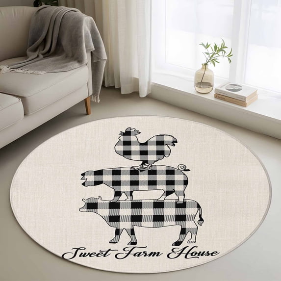 Farm Animal 3FT Round Area Rugs for Living Room Buffalo Plaid Cow Pig Chicken Burlap Background Ultra-Thin Non-Slip Round Rugs Machine Washable Low Pile Circle Carpet for Bedroom Kitchen Nursery