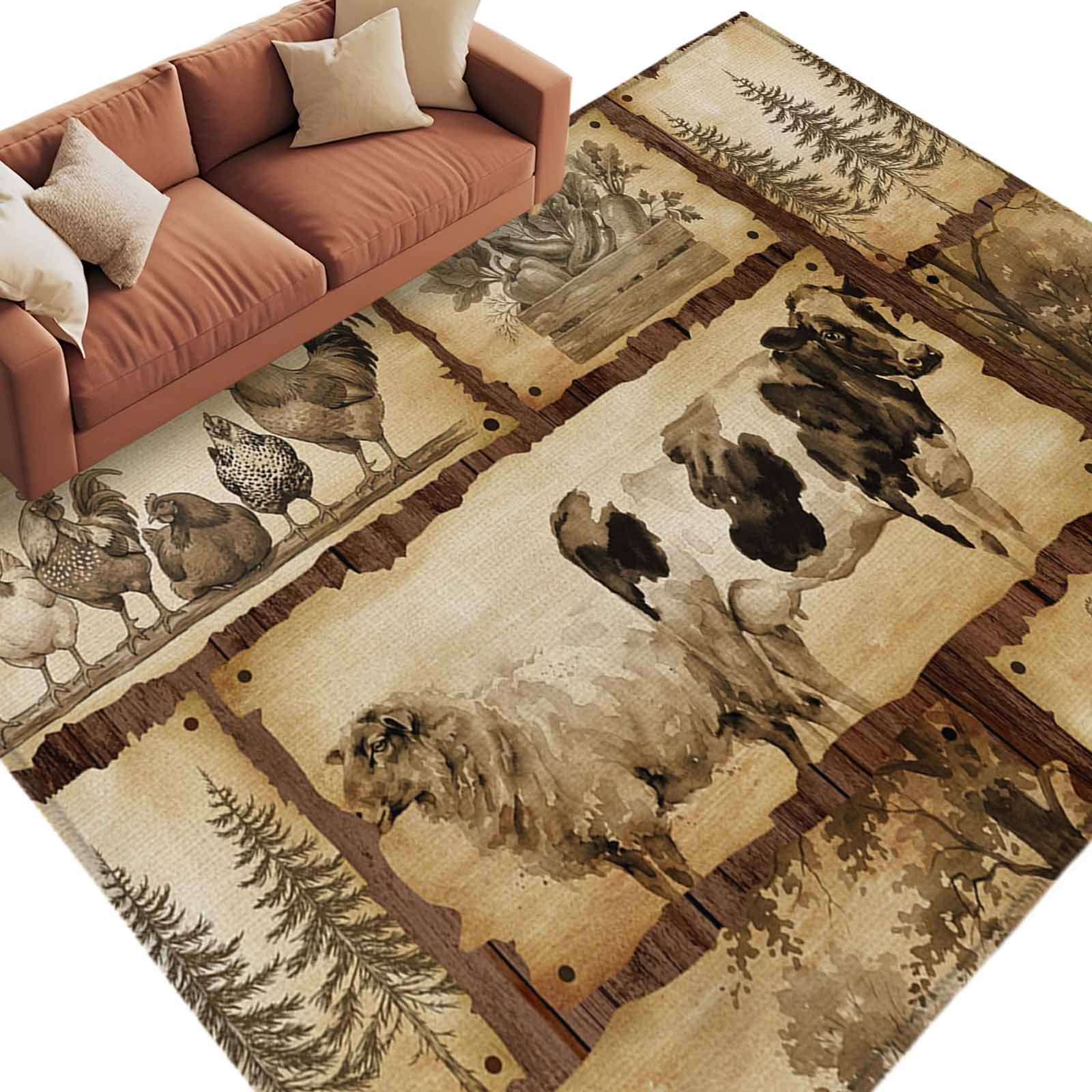 Farm Animal 5'x7' Area Rugs Retro Chicken Cow Sheep Pig Pine Trees ...