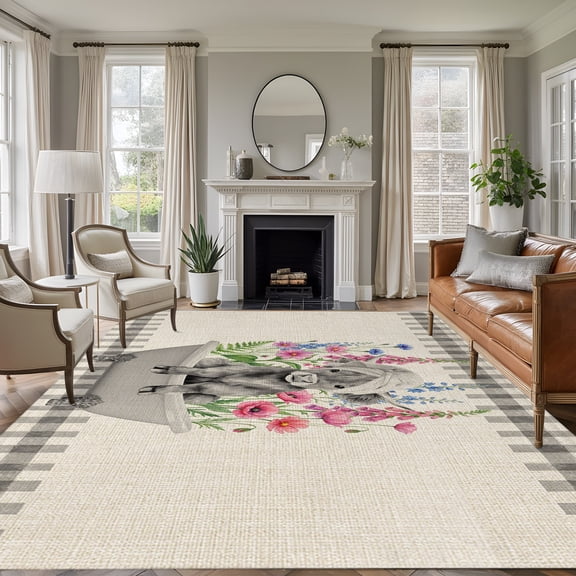 Farm Animal 5'x7' Rug for Living Room Sofa and Coffee Table Layout, Gray Shower Cap Tub Funny Calf Cow Farmhouse Floral Linen Washable Non Slip Rectangle Area Rug