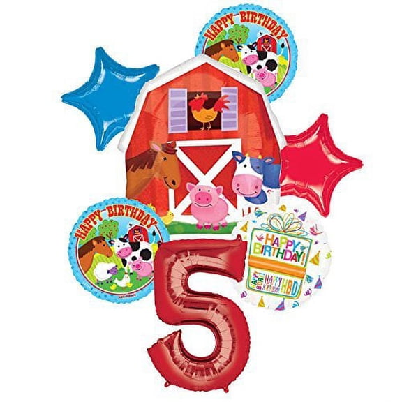 Farm Animal 5th Birthday Party Supplies and Barn Balloon Bouquet Decorations