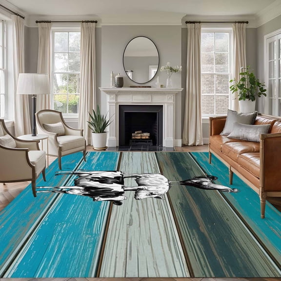 Farm Animal 5x7 Rug for Living Room Sofa and Coffee Table Layout, Chicken Pig Cow Farmhouse Blue Wood Grain Washable Non Slip Rectangle Area Rug