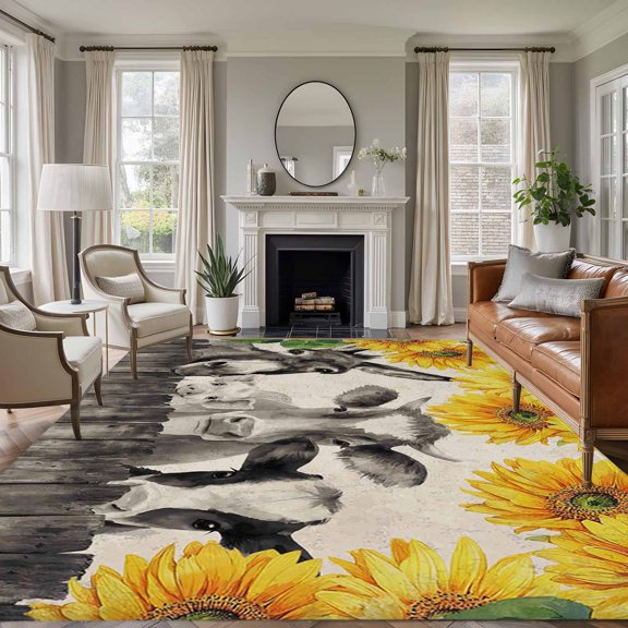 Farm Animal 8'x10' Large Area Rug for Living Room Sectional Sofa, Retro Farmhouse Donkey Pig Cow Sunflower Leaf Wood Fence Non Slip Low Pile Rectangle Area Rug, Machine Washable Indoor Outdoor Mat