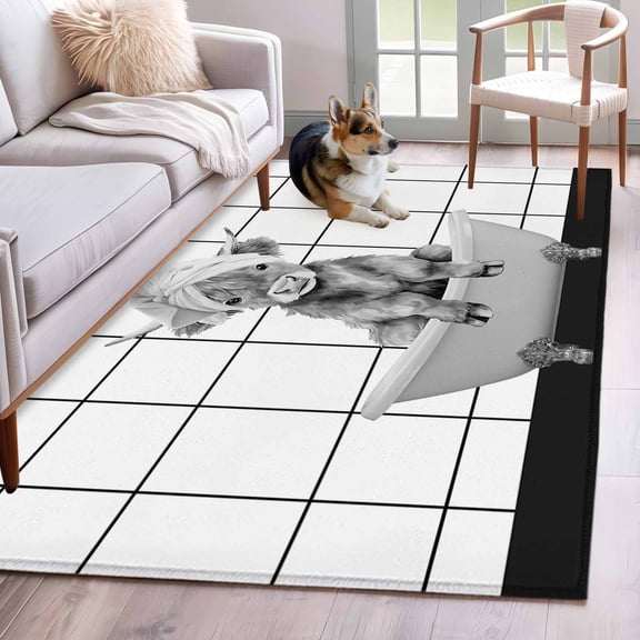 Farm Animal Area Rugs 4x6 ft Gray Shower Cap Tub Funny Calf Cow Farmhouse Plaids Washable Rug Non Slip Indoor Carpet Absorbent Floor Mat for Living Room Bedroom Dining Room