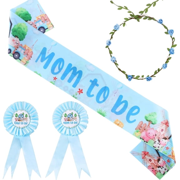 Farm Animal Baby Shower Decorations Boy, Farm Barnyard Animal Mom to Be Maternity Sash Mom Dad to Be Button Pin Flower Crown Headband for Farm Barn Animals Gender Reveal Party Blue