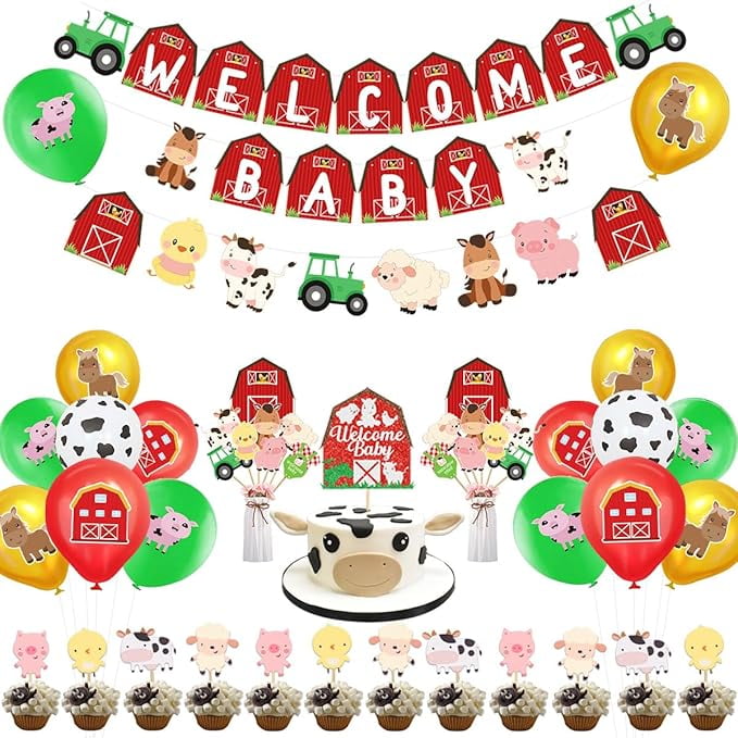 Farm Animal Baby Shower Decorations for Girls Boys Red Yellow Welcome Baby Banner Garland Cake Topper Farm Animals Party Table Centerpieces Barnyard Animal Balloons for Barnyard Party Supply